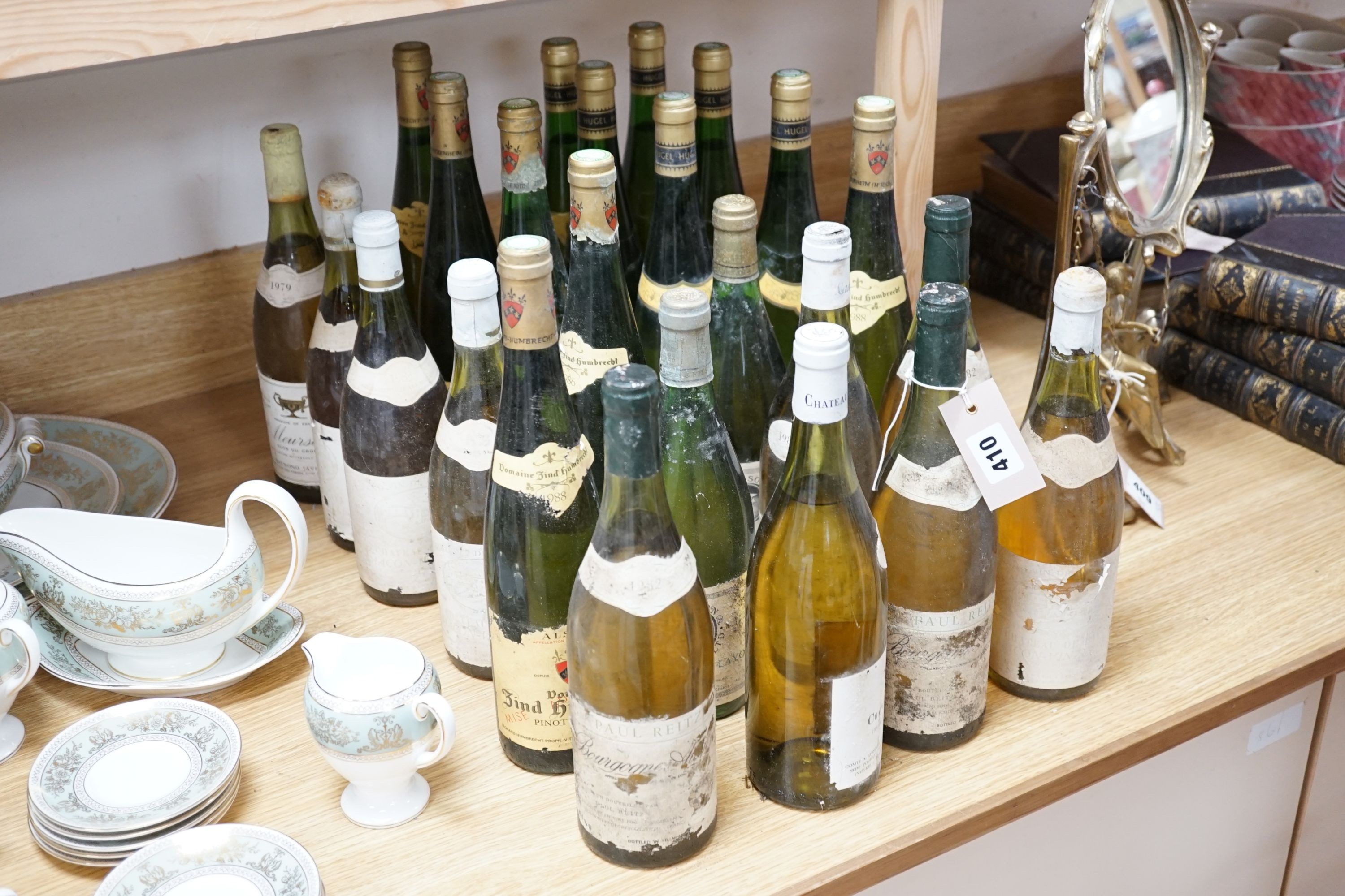 24 bottles of mixed white wines, including 6 bottles of 1986 Pinot D'Alsace, 2 bottles of Coteaux de Layon 1980, 6 bottles of 1983 Jubilee Hugel